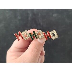 Christmas HO HO HO Red Green And Clear Rhinestone Gold Tone Metal Brooch Vintage